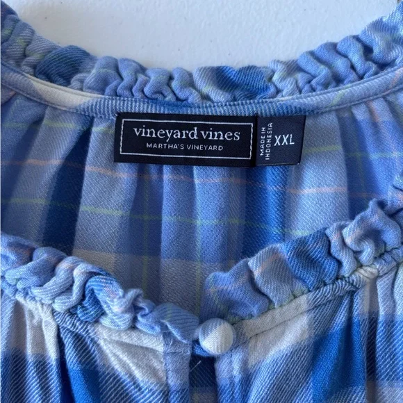 Vineyard Vines XXL Blue Checkered Button Front Short Sleeve Top Ruffle Neck Soft - Picture 2 of 12